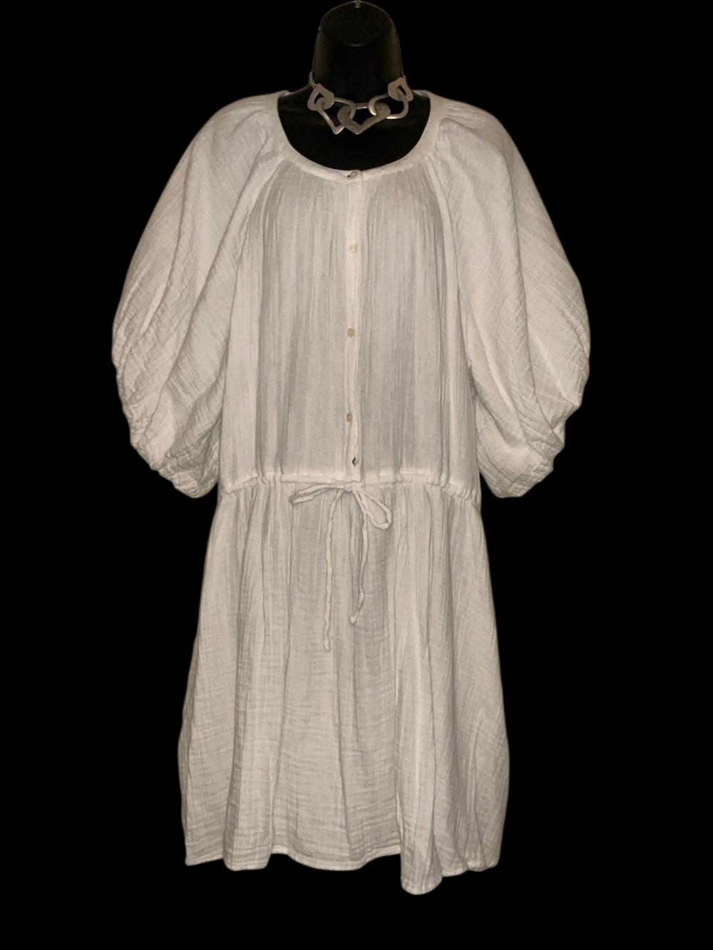 Old Navy White Gauze Button-Front Midi Dress with Puff Sleeves
